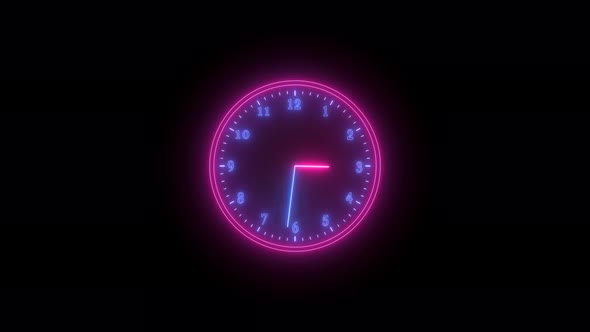 Blue Pink Neon Light Analog Clock Isolated Animated On Black Background
