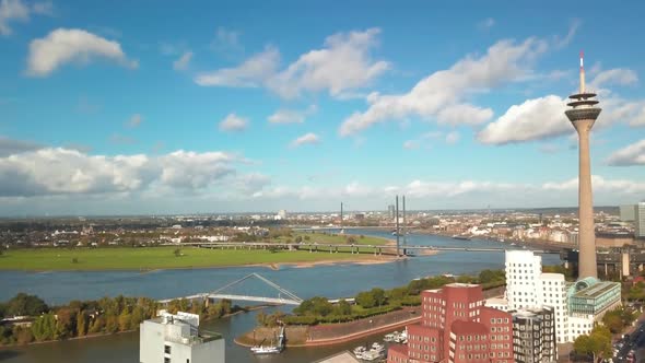 Panoramic Aerial View of a Waterfront of the Rhine River in Dusseldorf with Famous TV Tower