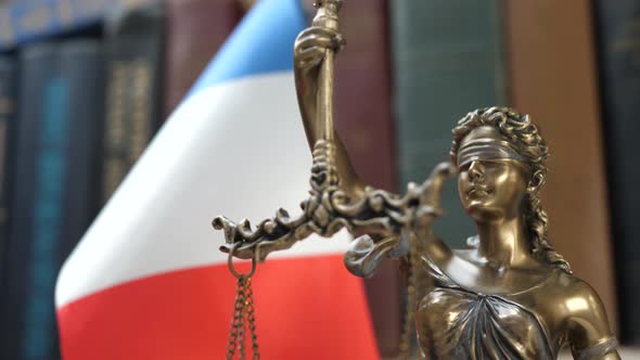 Statue of Lady Justice with Bookshelf with Books and France Flag Background