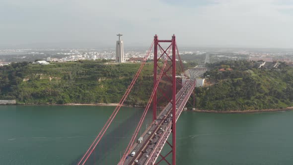 Aerial View of Big Red Cablestayed 25Th of April Bridge Over Tagus River