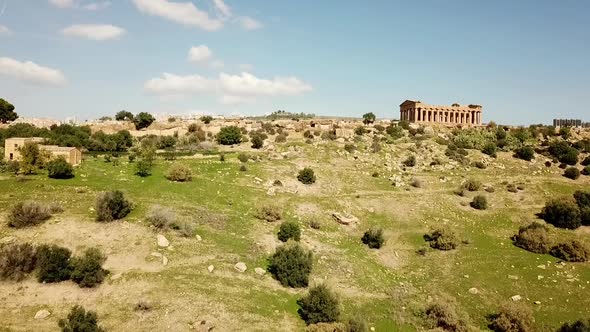 Drone rising next to the temple of Zeus, Agrigento, Valley of the temples, Sicily, Italy.