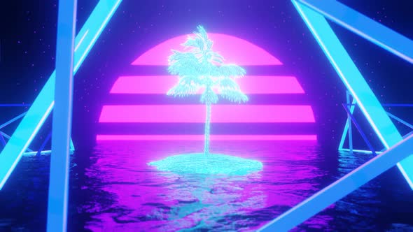 Vertigo Effect on Retro Palm Tree Surrounded By Neon Triangles