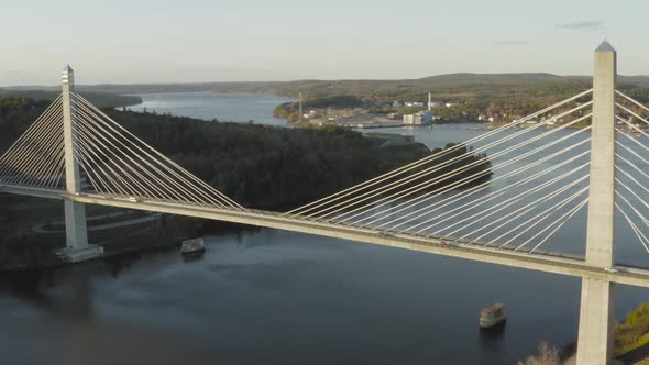 Golden hour light on the Penobscot Narrows Bridge and Observatory Autumn AERIAL SLIDE