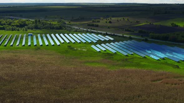 Aerial View Blue Solar Panels Park