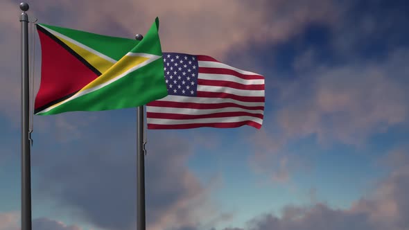 Guyana Flag Waving Along With The National Flag Of The USA - 2K