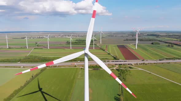 Aerial View of Wind Turbines Farm in Field. Austria. Drone View on Energy Production