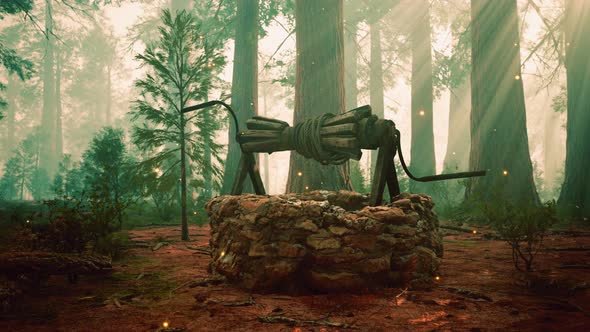 Old Stone Draw Well in the Forest with Fog