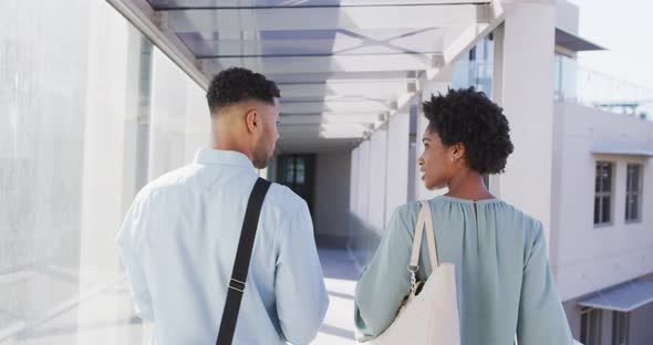 Video of back view of diverse businessman and businesswoman walking and talking