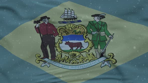 Delaware Winter Flag with Snowflakes Background