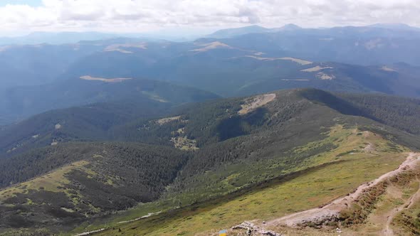 Aerial Panoramic View of Top of Carpathian Mountain Range with Trails. Hiking