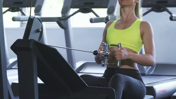 Cropped Shot of a Sportswoman Exercising on Seated Cable Row Machine