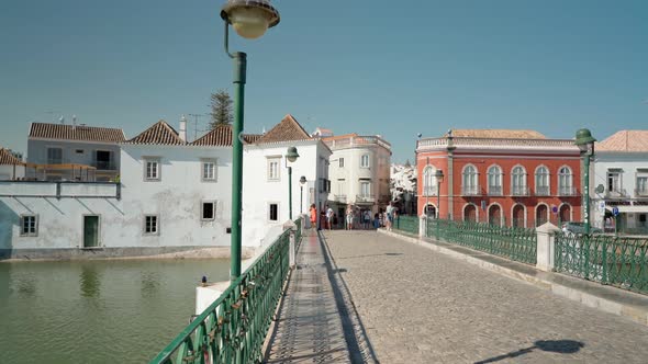 The Ancient Historic Portuguese Town of Tavira Walks Along the Arab Bridge on the River Gilao on the