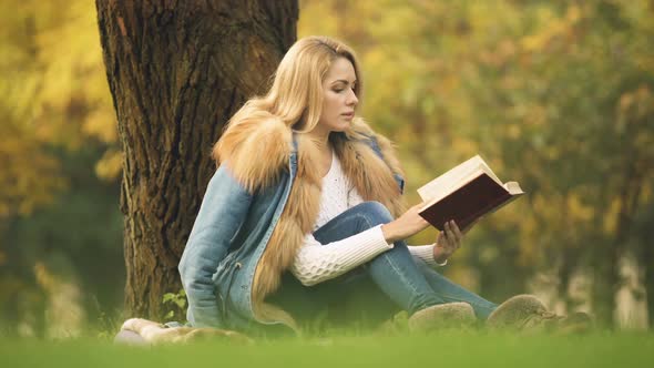 Beautiful Woman Reading Bestseller as Sitting Under Tree in Autumn Forest, Hobby