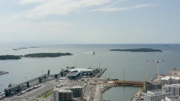 Slow aerial pan high above port in Helsinki, Finland.