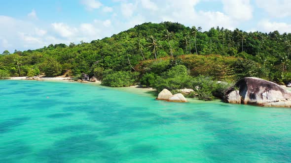 Tropical wild island with palms surrounded by turquoise sea water. sunny summer day