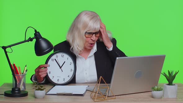 Senior Businesswoman with Anxiety Check Time on Clock Running Late to Work Being in Delay Deadline