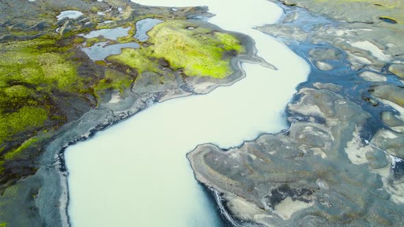 Volcanic Landscape with Green Moss and Lakes Aerial View Beautiful and Untouched Nature of Iceland
