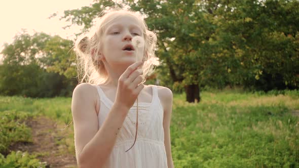 Child Girl Playing With The Dandelion Flower 