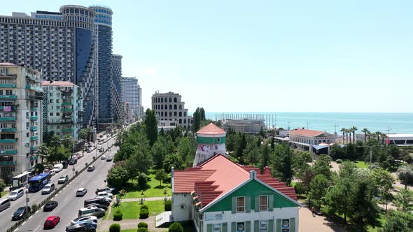 Batumi, Georgia - May 25 2022: Drone flies along new Batumi boulevard