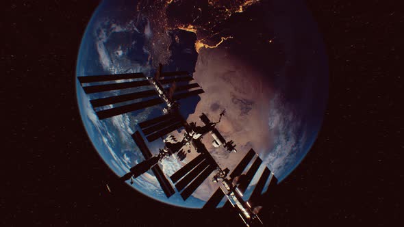 International Space Station in Outer Space Over the Planet Earth Orbit