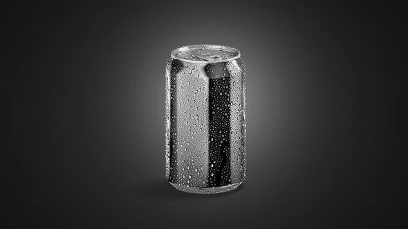 Blank black soda can with drops, looped rotation