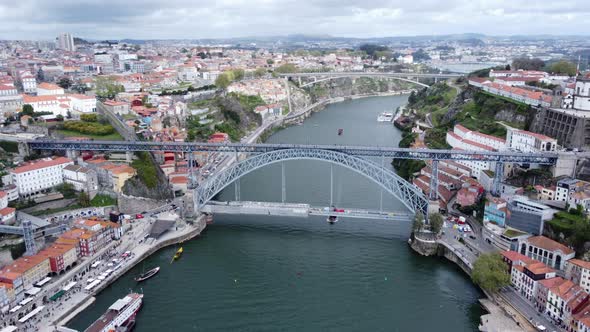 Aerial View of Famous Dom Luis Bridge and Cityscape in Porto, Portugal