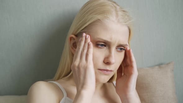Upset Tired Woman Feel Pain Coping with Morning Headache Concept