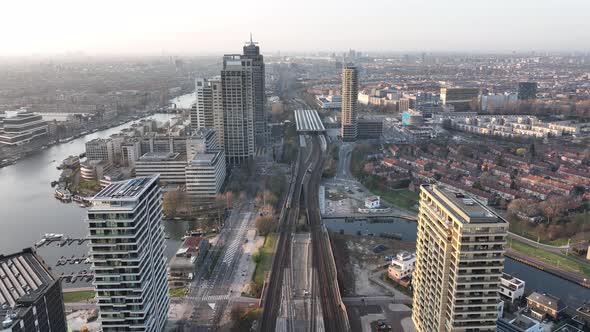 Amsterdamn Amstel Urban City Aerial Drone View Transportation and Urban Residential Construction