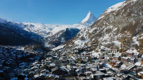 Aerial View on Zermatt Valley and Matterhorn Peak in the Morning