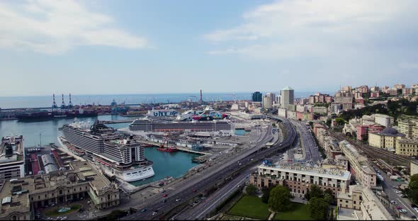 Cruise Liner Ships at Port Touristic City of Genoa, Italy - Aerial