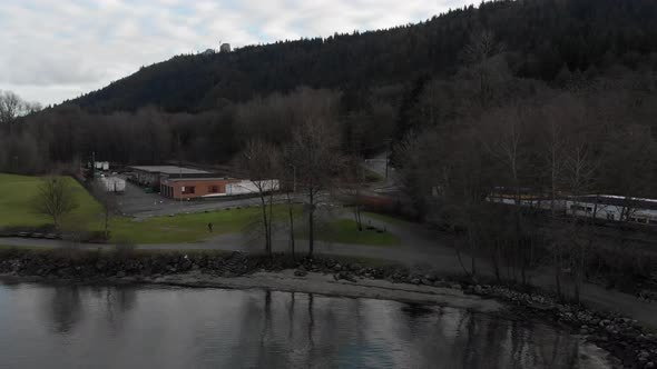 Various drone shots around Barnet Marine Park in Burnaby, British Columbia, Canada. Beautiful lush g