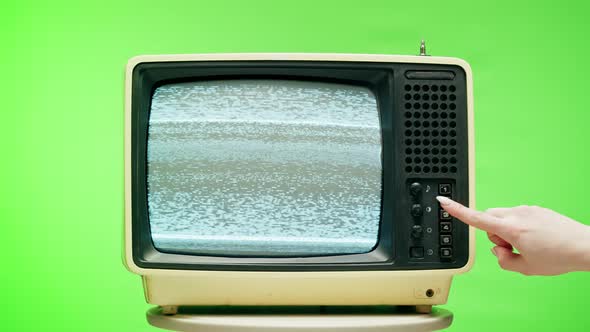 Old Television with Grey Interference Screen on Chroma Green Background