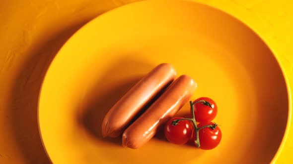 Close Up of Sausages in Sauce with Cherry Tomatoes on Yellow Plate