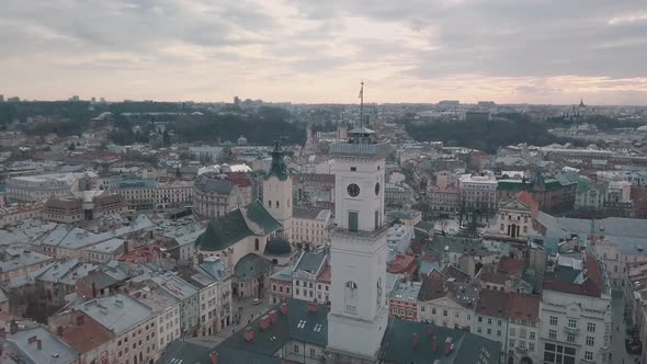 Aerial Panorama of the Ancient European City Lviv, Ukraine. Town Hall, Ratush