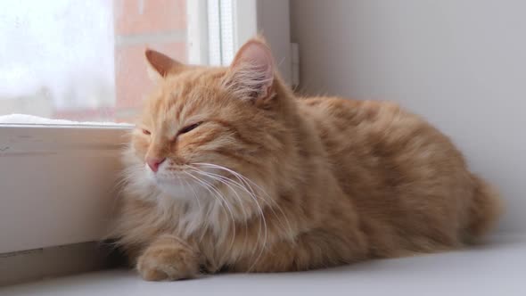 Cute Ginger Cat Lying on Window Sill. Fluffy Pet Sits at Home in Quarantine Without Walking Outside