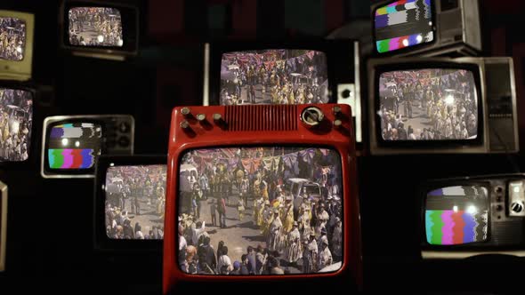 Bolivian People Dancing During a Traditional Party in Buenos Aires, Argentina, on Retro TVs.