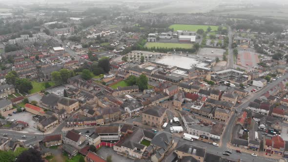 Aerial footage of the town centre of Wetherby in West Yorkshire in the UK