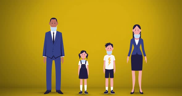 Family wearing face masks icon against yellow background alt