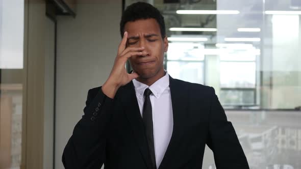 Headache, Tense Desperate Black Businessman in Suit