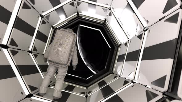 Astronaut looking moon outside spaceship. alt