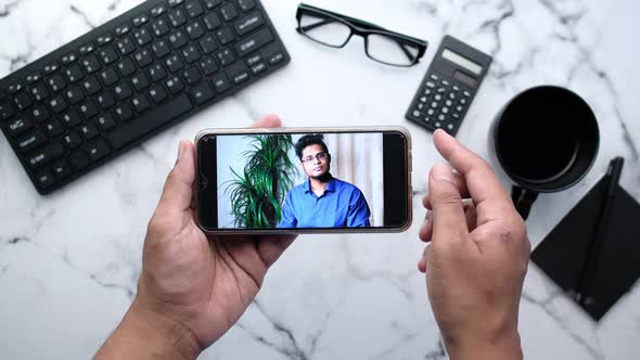 Businessman Working in Video Conference, Close Up.