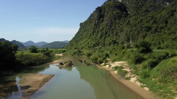 Upper View Tranquil River with Sand and Rocky Islands