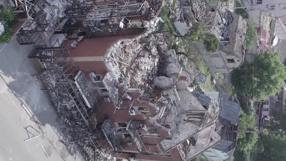 Vertical Video of a Building Bombed During the War in Makariv Ukraine