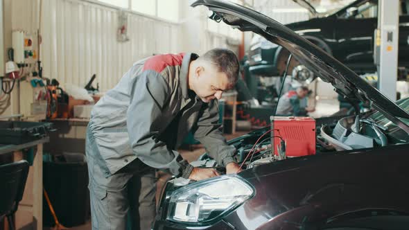 Mechanic Man Examining and Maintenance to Customer the Engine a Vehicle Car Hood