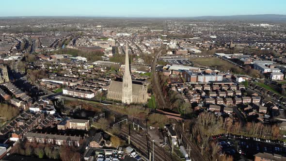 Approaching the Church of St Walburge, Preston on a winter sunny day