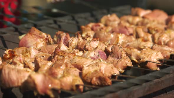 Meat Is Fried on Skewers on the Grill