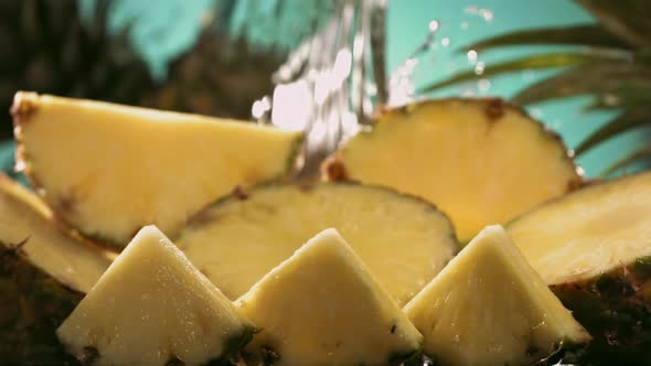 Slow Motion Shot of Pineapple and Water Splashing Through Pineapple Slices