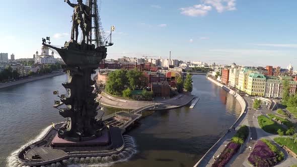 Aerial shot of Peter the Great Statue in Moscow, Russia