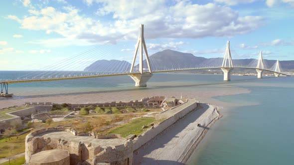 Aerial view of the Antirrio Castle and the Rion-Antirion Bridge in Greece.