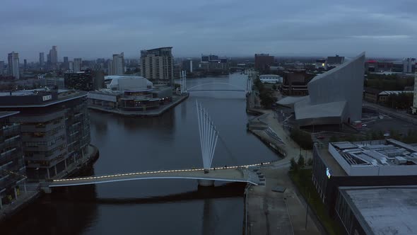 Aerial View of the Media City UK is on the Banks of the Manchester at Dusk